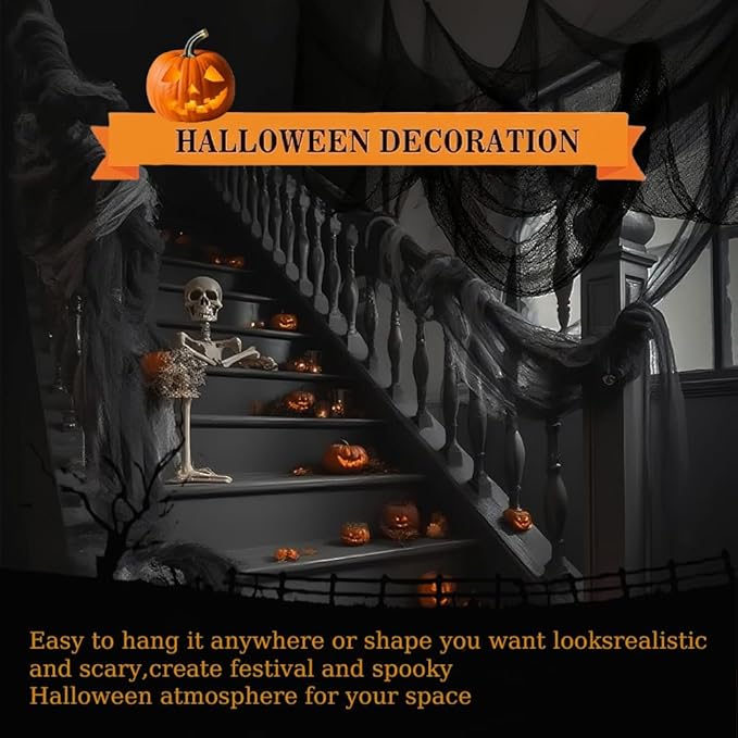 (Large Size 48 x 315 inch) Halloween Creepy Cloth - Spooky Giant Cheese Cloth Tapestry for Outdoor Yard Home Wall Decor Halloween Party Supplies & Decorations - Black