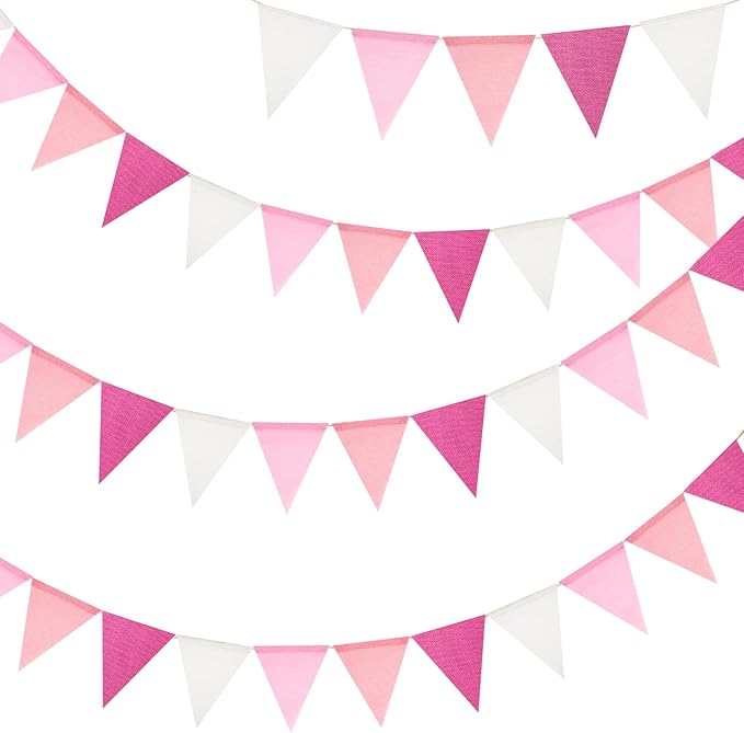 G2PLUS Pre-Strung Burlap Pennant Banners, 39Ft Pink Fabric Triangle Flag Bunting, 36Pcs Pennant Banner Flags Garland for Birthday, Wedding, Baby Shower, Holiday Party Decorations