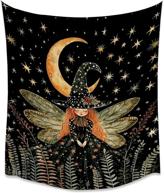 Dark Academia Witch Fairy Tapestry Wall Hanging Magical Moon Starry Night Art Print Halloween Witchy Artwork Aesthetic Wall Tapestries for Girls Bedroom Living Room Dorm Decoration 30x40inch