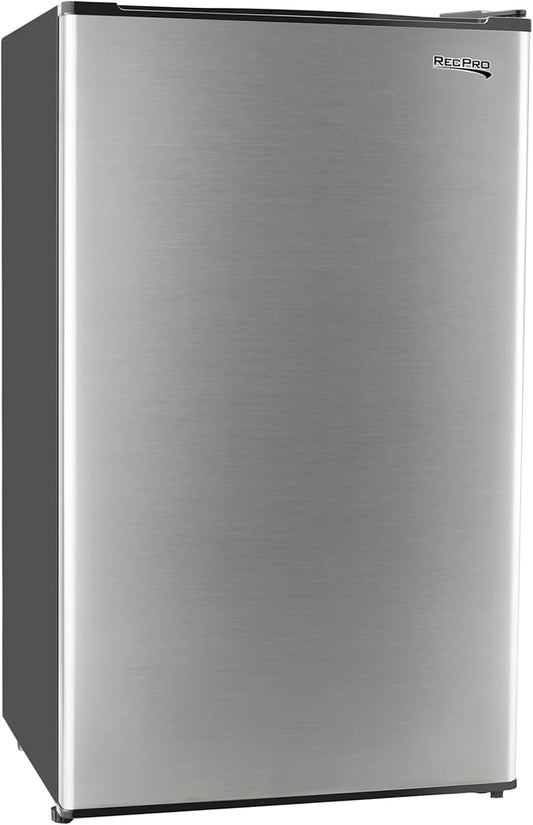 RecPro 3.3 Cu Ft 12V RV Refrigerator | Stainless Steel Frost-Free Fridge with Can Holder | Compact Camper Fridge with Door Storage, 7 Temp Settings | 19”W x 19”D x 32.75”H