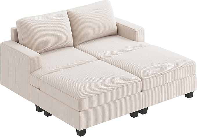Nolany Corduroy Sectional Couch with Storage Ottoman, Sleeper Sectional Sofa, Modular Sectional Couches for Living Room, Beige