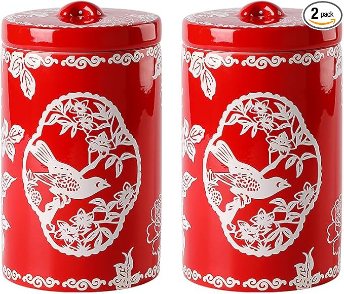 Porlien Bird Porcelain 15-ounce Canisters Set of 2, Food Storage Containers with Lid for Coffee Beans, Tea, Condiments & Nuts, Gifts for Mothers'Day
