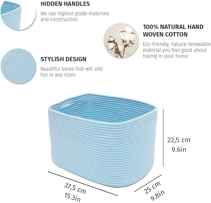 OrganiHaus Blue Basket for Shelves, Decorative Cloth for Organizing, Cotton Rope Storage Basket for Toys, Small Woven Baskets for Storage