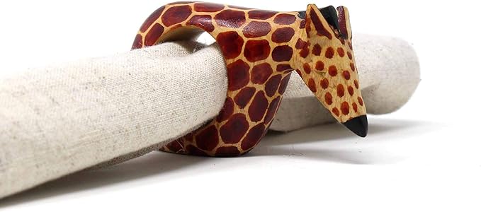 Handcarved Mahogany Wooden Napkin Ring Holders, Giraffe, Set of 6 (KWF012_G)
