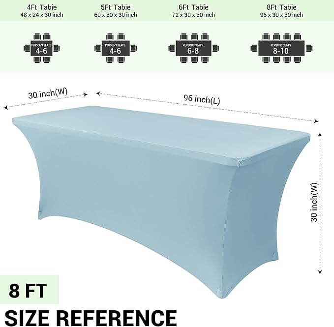 Obstal 8Ft Stretch Spandex Table Cover for Standard Folding Tables - 2 Pack Universal Rectangular Fitted Tablecloth for Party, Banquet, Events, Trade Show (Dusty Blue, 96L x 30W x 30H Inches)