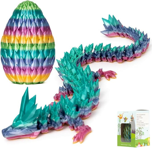 3D Printed 12” Articulated Crystal Dragon Inside 5.1” Egg – Fantasy Collectible, Fidget Toy & Stocking Easter Basket Stuffers for Home & Office Decor (Rainbow)