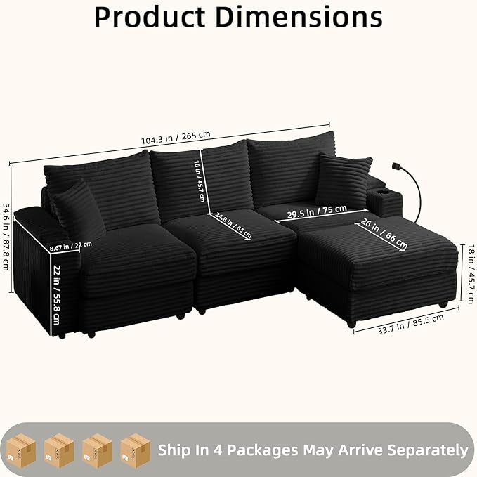 Modular Sectional Sofa Couch, Plush Corduroy Fabric Sectional Couches for Living Room with USB Charging Ports, Phone Holders, and Multi-Functional Storage Armrests (Black, 3set+1ottoman)