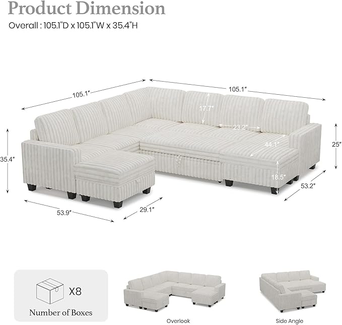 Belffin Oversized Sofa Bed Modular Sectional Sleeper Sofa with Pull Out Bed L Shaped Couch with Storage Chaise White Couch
