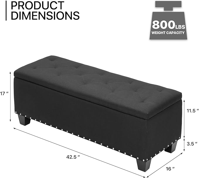MoNiBloom 42 Inch Long Ottoman with Storage, Black Linen Foot Stool Upholstered Foam Padded Rectangular Fabric Tufted Bench Footrest for Living Room Bedroom Entry with 300 Lbs Capacity