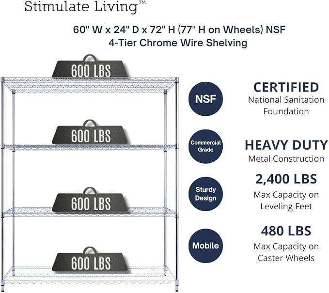 60"x24"x72" PRIME HEAVY DUTY Chrome 4-Tier Wire Shelving NSF 2400 LBS MAX Capacity Storage Rack for Commercial, School, Home, Garage, Warehouse, Industrial, and Hospital Uses (with Wheels)