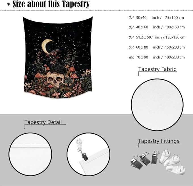 Halloween Witch Cat Tapestry Gothic Skull and Mushroom Artwork Print Spooky Halloween Witchy Wall Hanging Decor Black Cat Crescent Moon art Tapestries for Living Room Bedroom Decoration 40x60inch
