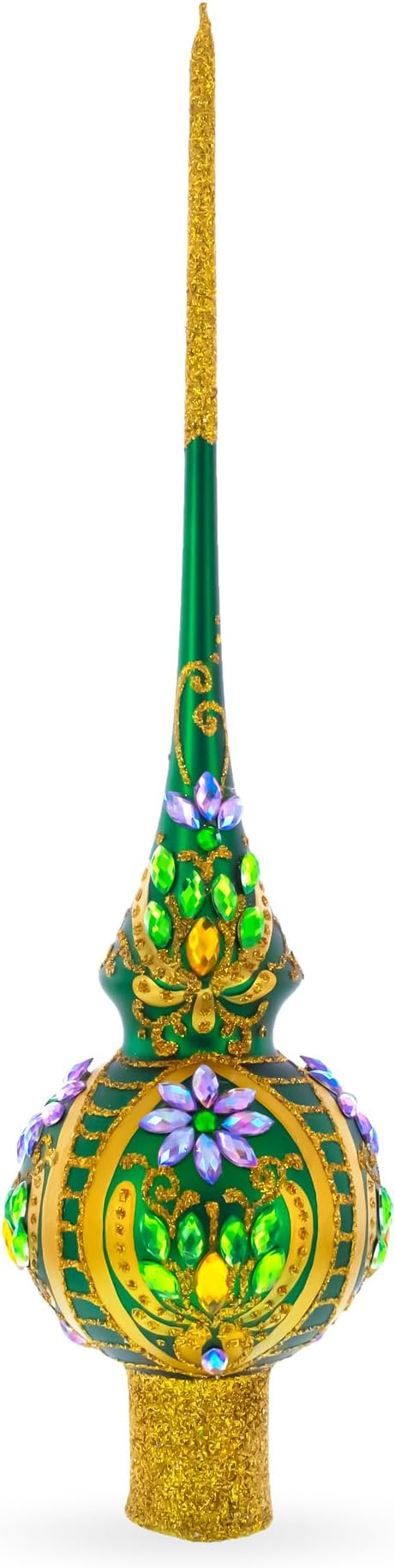 Enchanted Emerald Jeweled Green Blown Glass Christmas Tree Topper 11 Inches
