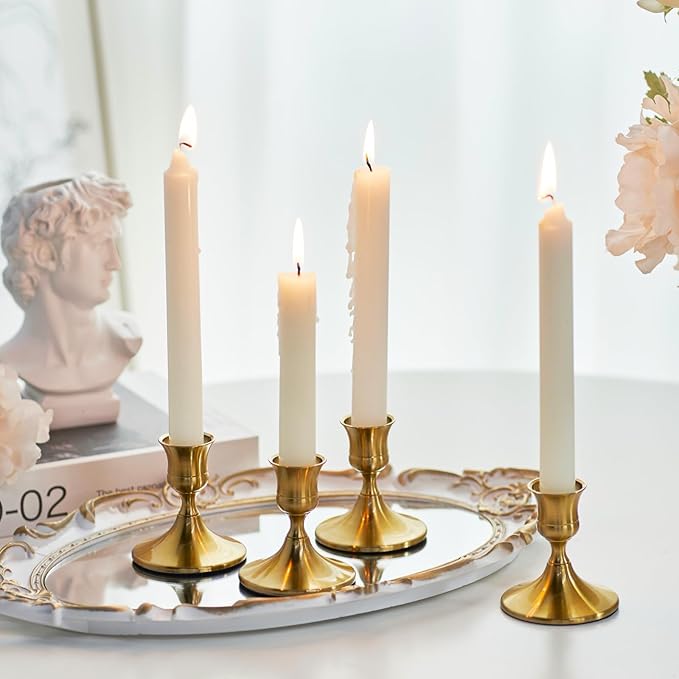 Gold Taper Candle Holder, Brass Candlestick Holders, Vintage Metal for Table Centerpieces Wedding Christmas Decor (Gold, 4 Pcs)