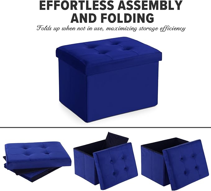 LINMAGCO Storage Ottoman Folding Foot Stool Velvet Foot Rest with Padded Modern Ottoman with Storage for Living Room Puppy Step Stool 17x13x13in(Navy)