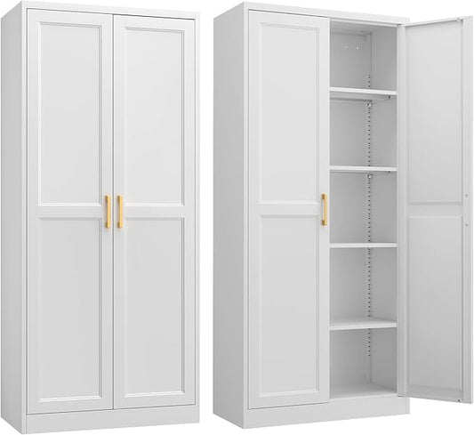 Kitchen Pantry Cabinet,71”White Metal Pantry Storage Cabinet with Doors and 4 Adjustable Shelves,Kitchen Cabinet with 2 Gold Handles,Tall Cabinet for Livingroom,Pantry, Bathroom,Kitchen