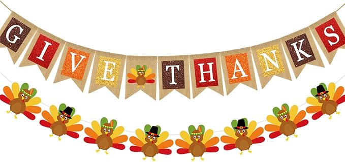 Doumeny 2Pcs Give Thanks Burlap Banner Turkey Paper Hanging Banner Thankful Bunting Garland with Turkey Thanksgiving Fall Party Garland Autumn Harvest Bunting Flag for Mantel Fireplace Farmhouse Decor