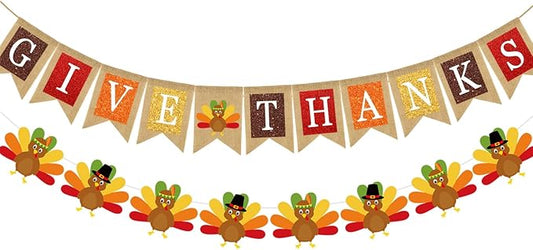 Doumeny 2Pcs Give Thanks Burlap Banner Turkey Paper Hanging Banner Thankful Bunting Garland with Turkey Thanksgiving Fall Party Garland Autumn Harvest Bunting Flag for Mantel Fireplace Farmhouse Decor