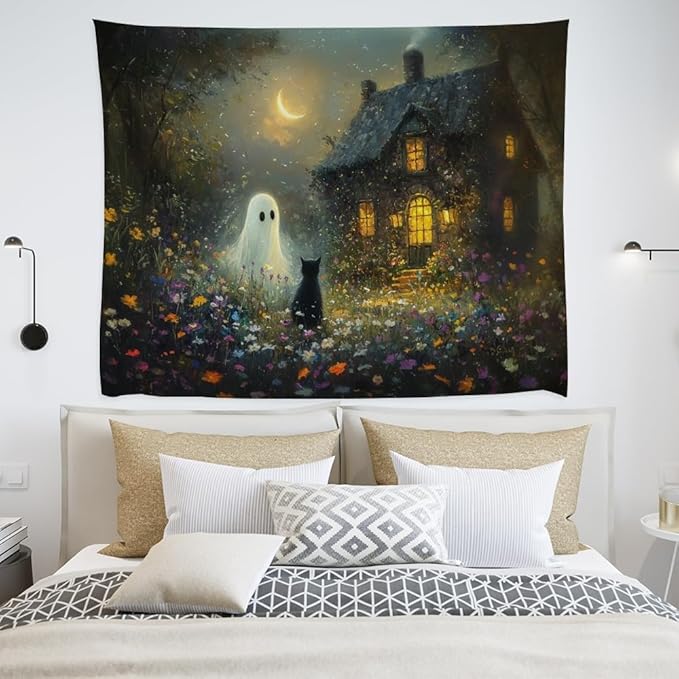 Halloween Black Cat and Ghost Tapestry Wall Hanging for Spooky Cute Bedroom Decor Dark Academia Moon Wildflower Cottage Tapestries Aesthetic for Home Living Room Decoration 30x40inch