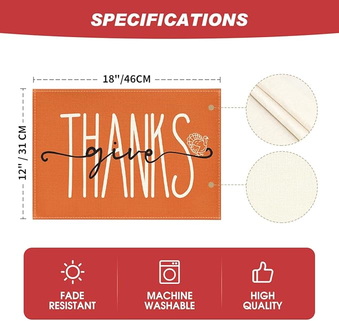 Artoid Mode Pumpkins Give Thanks Turkey Fall Placemats Set of 6, 12x18 Inch Pumpkin Pie Thanksgiving Table Mats for Party Kitchen Dining Decoration