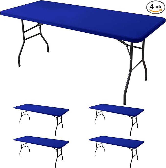 Fitted Tablecloth for 8 Foot Rectangle-4 Pack Royal Blue Elastic Outdoor Picnic Table Cover-Spandex Stretch Folding Table Cloths 8ft for Camping Dining Room Patio Kitchen Banquet Party