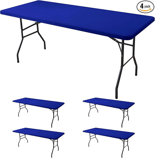 Fitted Tablecloth for 8 Foot Rectangle-4 Pack Royal Blue Elastic Outdoor Picnic Table Cover-Spandex Stretch Folding Table Cloths 8ft for Camping Dining Room Patio Kitchen Banquet Party