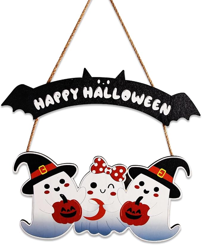 Happy Halloween Wooden Decoration Hanging Plaque Outdoor Wall 2 Pieces Cute Art Sign Wreaths with Ghost Bat Pattern for Home Wall Decor Halloween Party Outdoor Indoor