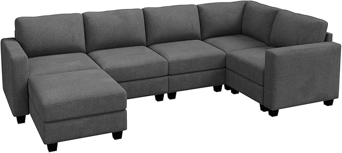 HONBAY U-Shaped Corduroy Sectional Couch with 6 Seaters Modular Sectional Sofa with Storage Sectional Couches for Living Room, Dark Gray