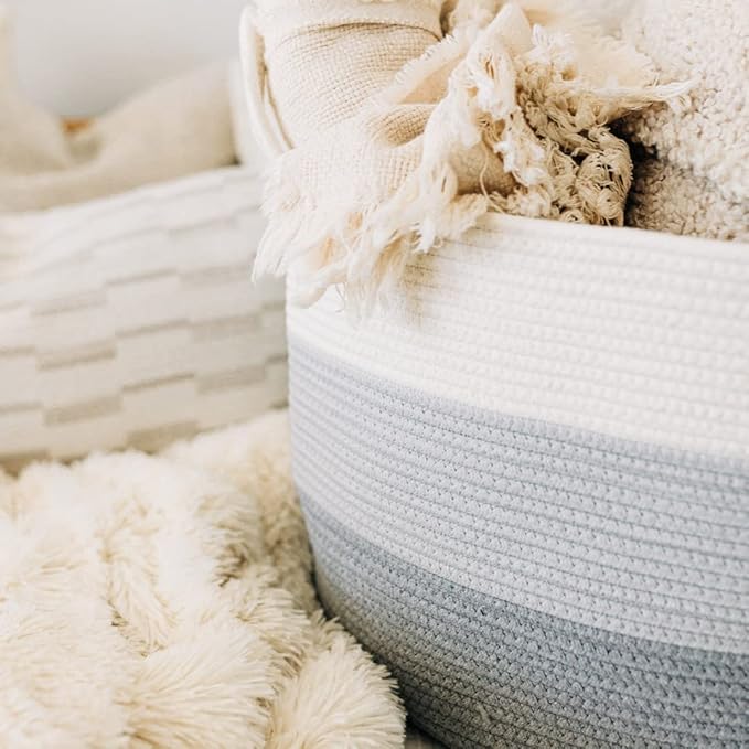 OrganiHaus Large Laundry Basket, Woven Cotton Rope Basket for Blankets, Toy Storage, Nursery Hamper, Living Room Decor Organizer, Soft & Durable Hamper with Handles, 20x13 inches - Gray