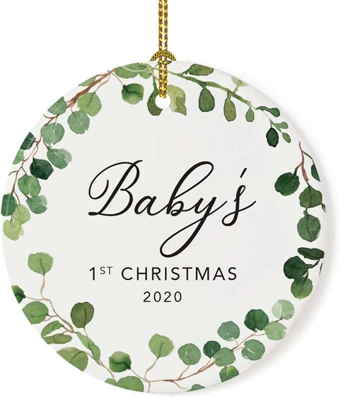 Andaz Press Custom Year Round Ceramic Porcelain Christmas Tree Ornament Keepsake Collectible Gift, Baby's 1st Christmas 2025, Farmhouse Eucalyptus Wreath, 1-PackBaby Shower New Mom Gift Ideas