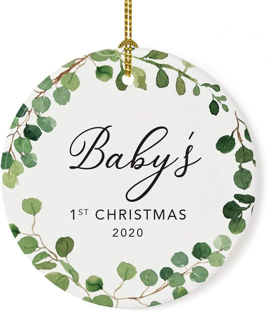 Andaz Press Custom Year Round Ceramic Porcelain Christmas Tree Ornament Keepsake Collectible Gift, Baby's 1st Christmas 2025, Farmhouse Eucalyptus Wreath, 1-PackBaby Shower New Mom Gift Ideas