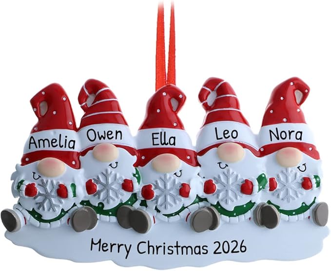 3D Gnome Family of 4 Christmas Ornament 2025 Personalized Family Christmas Ornaments 2025 | Snowflakes Scandinavian Personalized Tree Ornaments Customizable Gifts Santa Hat Gnomes of Four Ornament