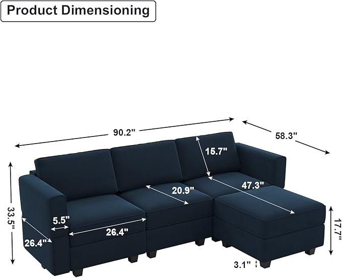 Belffin Convertible Sectional Sofa with Chaise Velvet L Shaped Sofa Couch Modular Sectional Sofa with Storage Blue