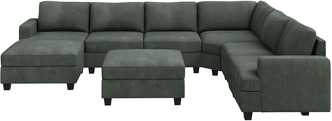 Nolany Sectional Sofa with Storage Ottoman, Corduroy Modular Sectional Couch, U Shape Sectional Couches for Living Room, Green