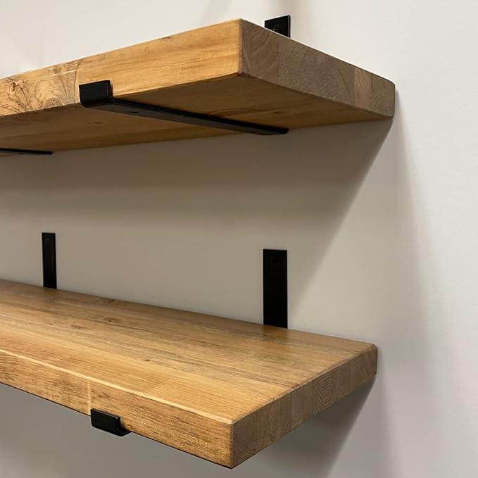 Rustic Shelves with J-Brackets Set of 2, Industrial Shelf, Kitchen Shelves, Solid Wood, Decorative Wall Storage, Heavy Duty, URBANDI (Brown, 12Wx12D)