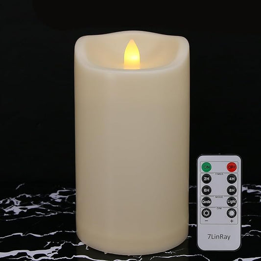 8" x 4" Outdoor Waterproof Flameless Candles with Remote and Timers, Large Pillar Battery Operated Flickering LED Candles for Lanterns, 1000 Hours, Ivory Plastic, Single