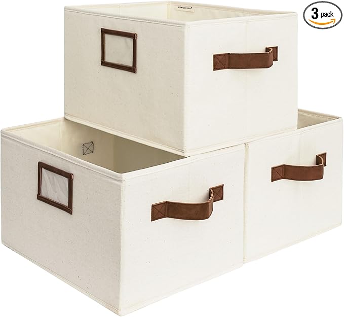 StorageWorks Storage Baskets for Shelves, Foldable Fabric Closet Storage Bins with PU Handles, Fabric Storage Bins Clothes Organizer, Ivory White, 3-Pack, Large