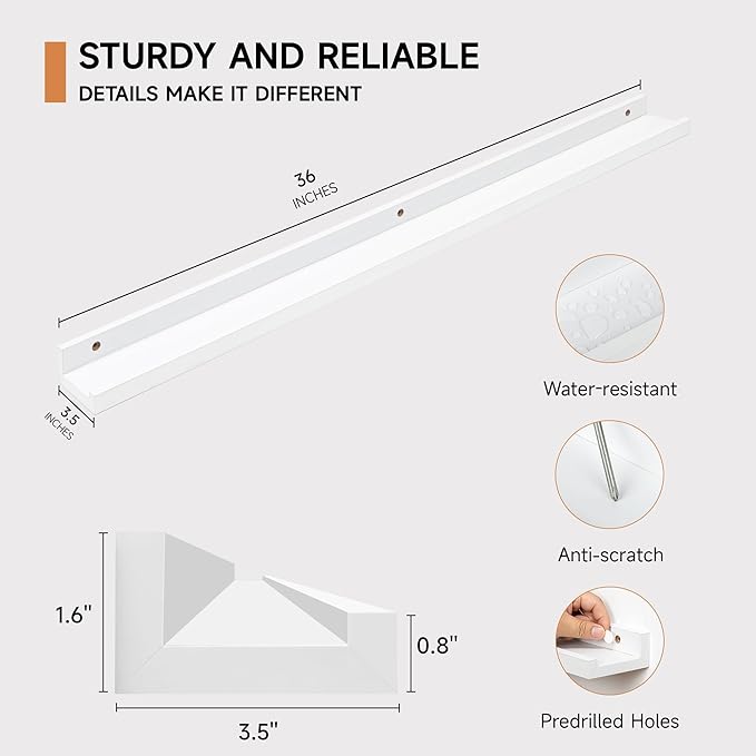 Picture Ledge Shelf for Wall, Floating Shelves Set of 4, 36 Inch Long Nursery Book Shelves for Toys Storage, Kids Bookshelf Wall Mounted for Books Photo Frames, White