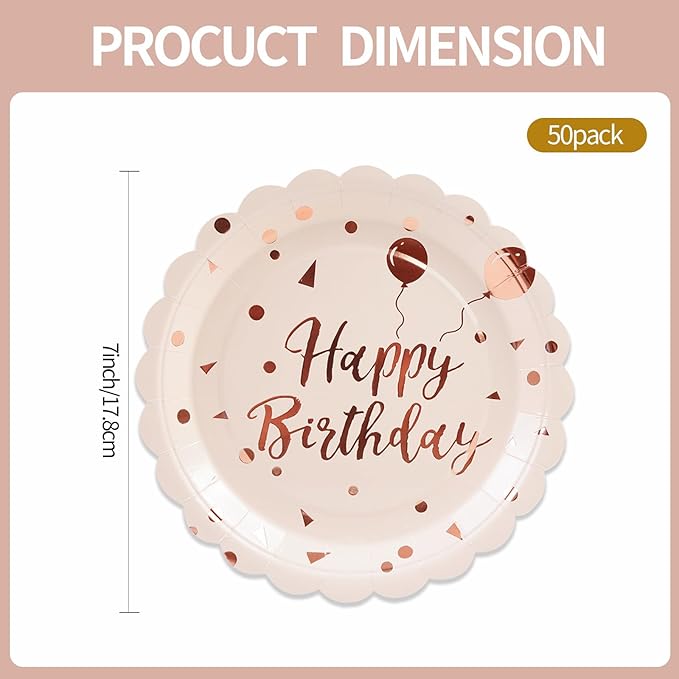 50PCS Pink Rose Birthday Paper Plates - 7 Inch Happy Birthday Cake Plates Scalloped Pink Dessert Plate Disposable Party Tableware Set for Girls Women Birthday's Party Supplies Decorations