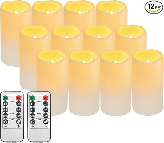 12PACK Outdoor Plastic flameless Candles with Remote Control and Timer, LED Flickering Battery Operated Electric Pillar Candles (D3 xH5.5) for Camping, Weddings, Home Decoration