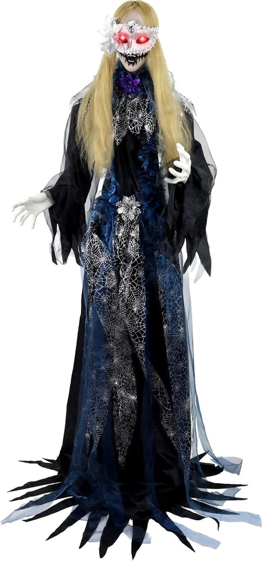 Haunted Hill Farm 5.5-Ft Animatronic Animated Standing Masquerade Lady, Halloween Animatronic, Spooky Venetian Masquerade Prop, Creepy House Party Decoration, Touch-Activated Lights & Sound, Life-Size
