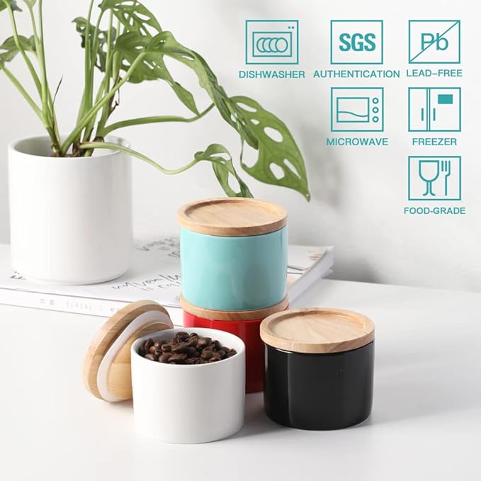 Sweejar Kitchen Canisters Ceramic Food Storage Jar, Stackable Containers with Airtight Seal Wooden Lid for Serving Ground Coffee, Tea, Sugar, Spice and More - 5 Fl Oz(White)