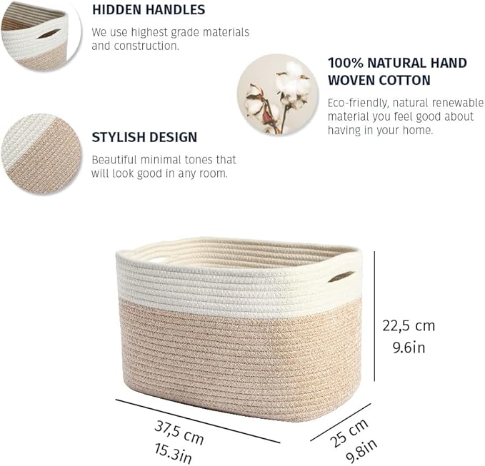 OrganiHaus Set of 3 Rope Baskets for Organizing, Cotton Rope Basket, Shoe Basket Organizer, Decorative Storage Baskets, Toy Bins, Woven Baskets for Storage, Shelf Baskets for Organizing - Light Honey