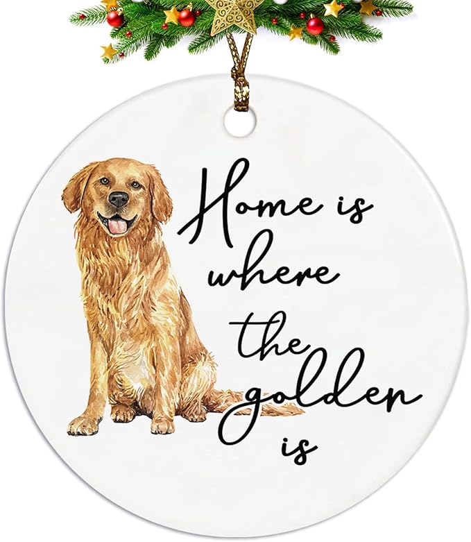 Golden Retriever Decor Gifts Ornament, Home is Where The Golden is Ceramic Christmas Ornament Keepsake Sign Plaque