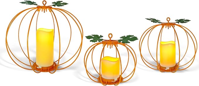 Halloween Light Up Pumpkin Lantern, 3 Pcs Metal Orange Pumpkin Candle Holders with Timer Flickering Yellow LED Candle Lights for Thanksgiving Halloween Harvest Fall Home Decor
