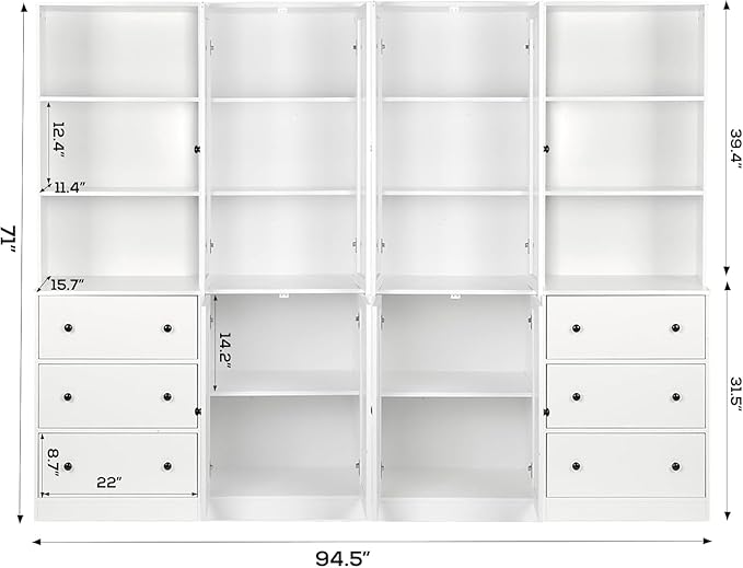 TUSY 71" Bookshelf Bookcase, 3-Tier Modern Bookshelves 3 Large Drawer, Wood Filing Cabinet with Open Storage Shelf, Glass Doors 5-Tier Fixed Storage Shelves for Home Office (Wood)