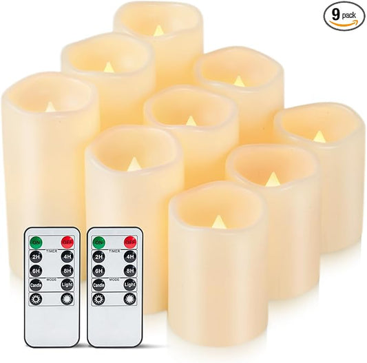 Amagic Waterproof Outdoor Flameless Candles with Timer, Battery Operated Candles with Remote Control, Electric LED Pillar Candle for Outside Patio, Garden, Wedding Decor, D3 x H4 5" 6", Set of 9