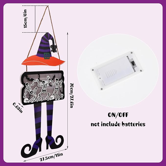 FINGOOO Halloween Door Hanging Sign, Large Witch Skeleton Halloween Door Hanger with Light for Front Door Decor