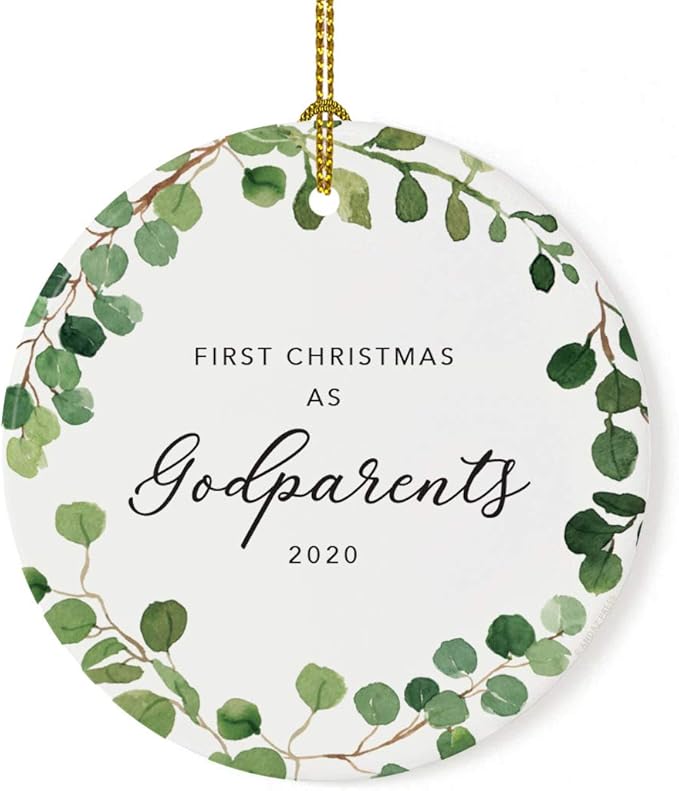 Andaz Press Custom Year Round Ceramic Porcelain Christmas Tree Ornament Keepsake Collectible Gift, First Christmas as Godparents 2025, Farmhouse Eucalyptus Wreath, 1-PackNew