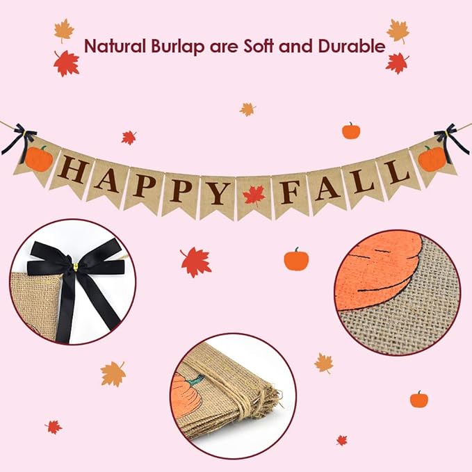 ERKOON Burlap Banner Happy Fall Sign Pumpkin Flag Rustic Natural Fall Harvest Banner for Autumn Home Party School Party Decoration