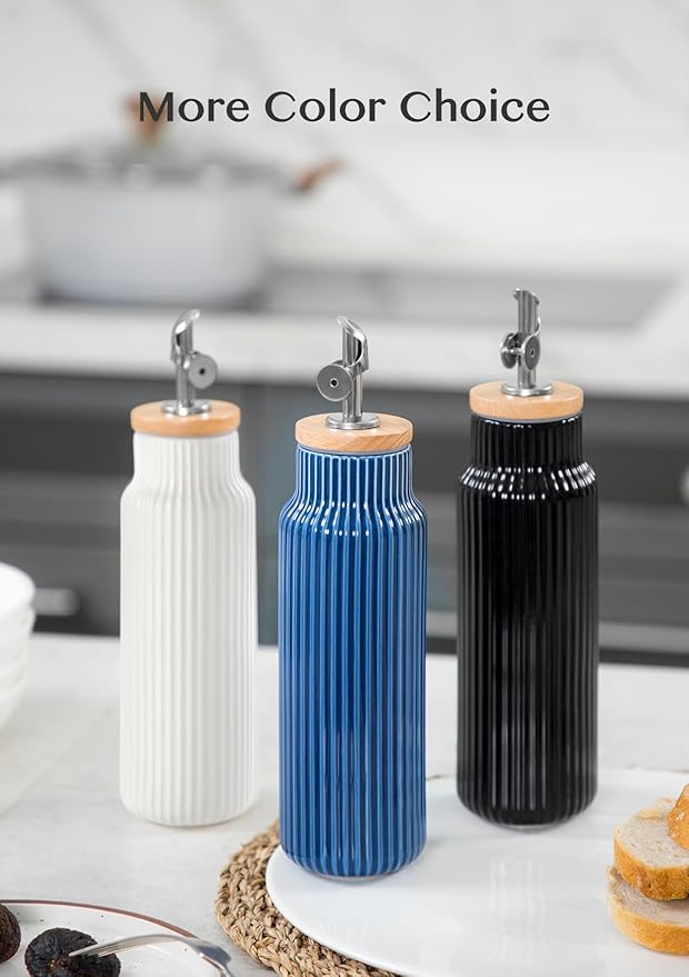 Nucookery Ceramic Olive Oil Dispenser Bottle for Kitchen, 14 oz Opaque Vinegar Dispenser Bottle, Large Capacity Cooking Oil Container for Storage Vinegar, Soy Sauce, Coffee Syrup, Blue